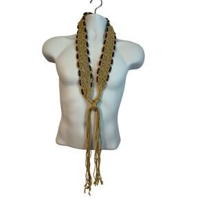 Woven Wood Bead And  Beige Fringe 35 in. Tie Close Belt with 18 in Fringe Womens